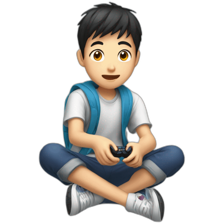 Asian 14 yo boy playing video game emoji