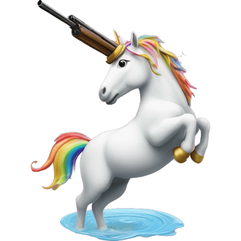 unicorn with a shotgun barrel as a horn shooting a stream of a rainbow emoji