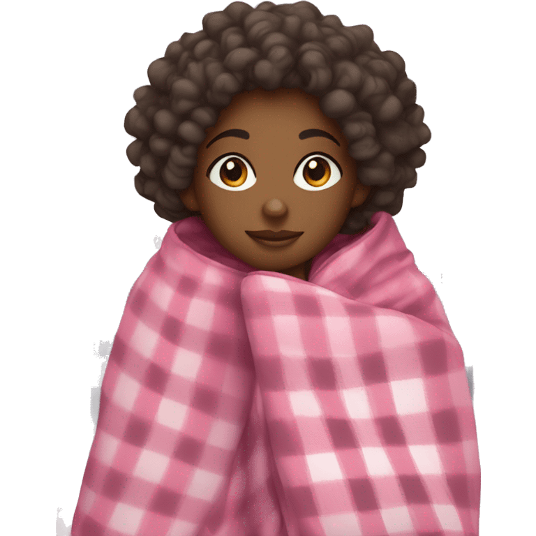 black girl with curly hair wrapped up in a pink plaid blanket  emoji