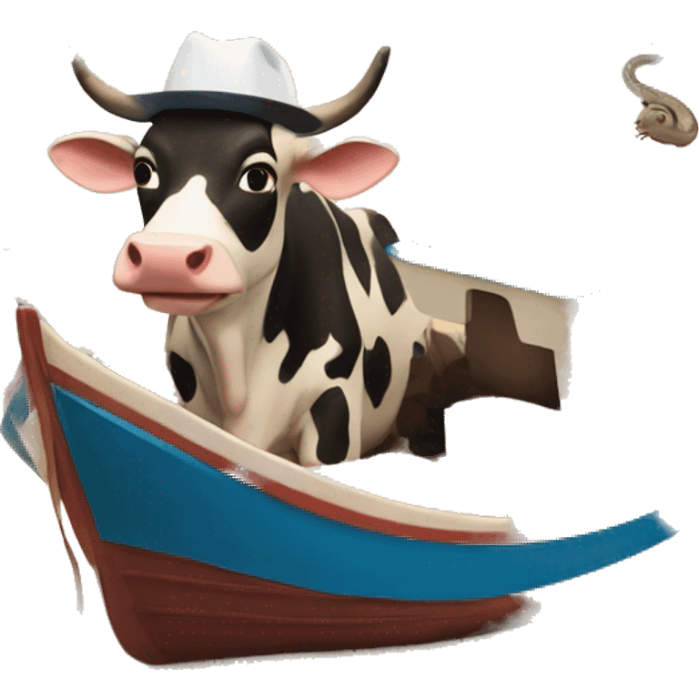 Cow with a hat on a boat in the sand with a snake on a car with a huge building next to it emoji