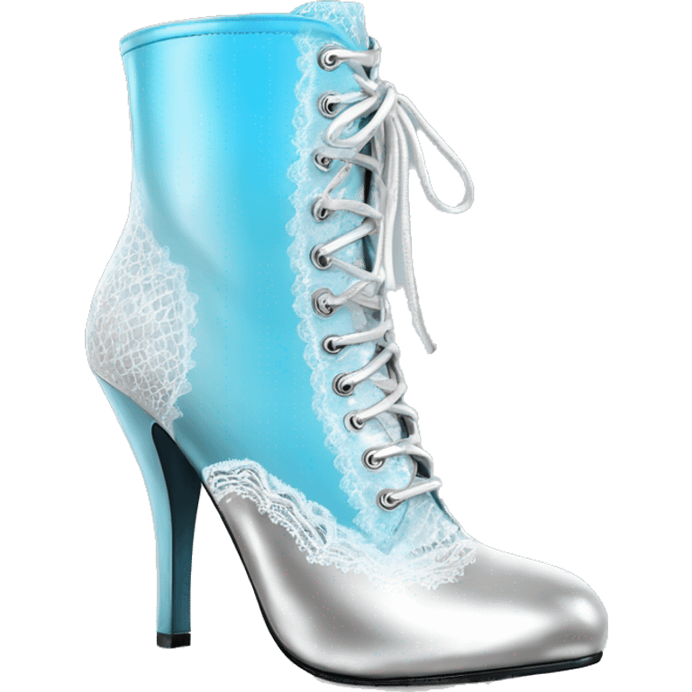 Realistic isolated front view pair of silver to white ombre high heel bootie boots shoes with sky blue lace. emoji