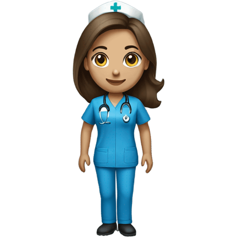 Nurse, woman, long brunette hair, blue scrubs no stethescope emoji