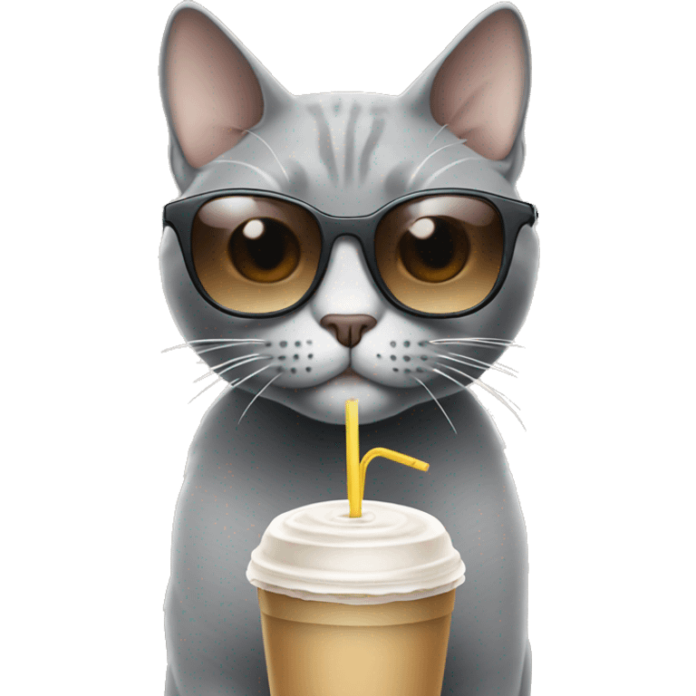 Grey Cat with iced coffee wearing sunglasses emoji