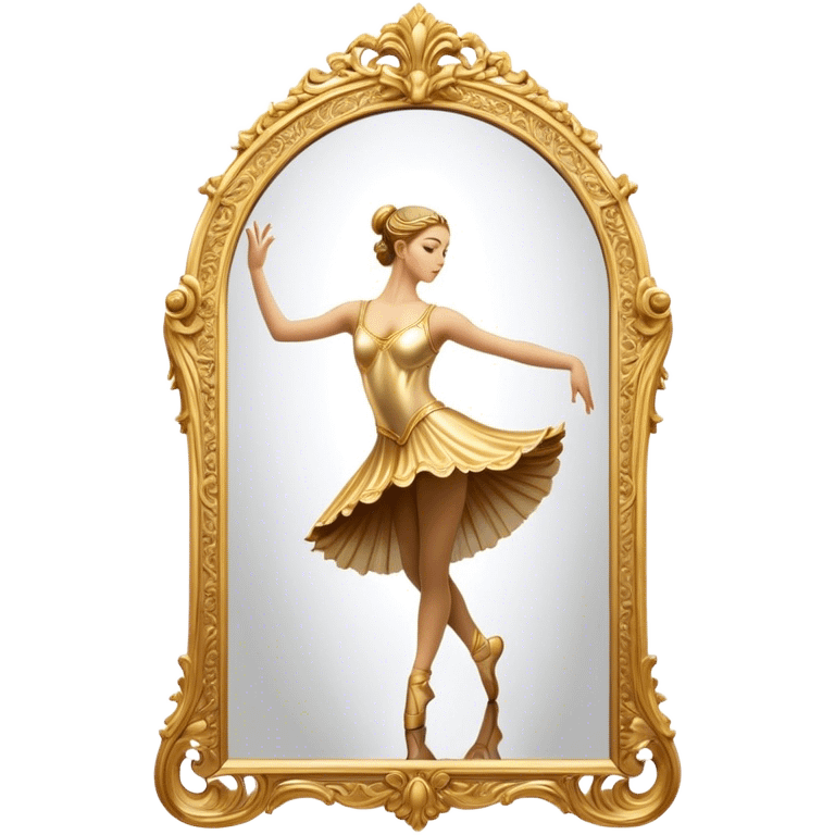 Cinematic Realistic Mirror, a large, ornate mirror reflecting a dancer’s poised silhouette, soft golden light creating depth, slight smudges on the glass adding realism, glowing with a timeless and artistic presence. emoji