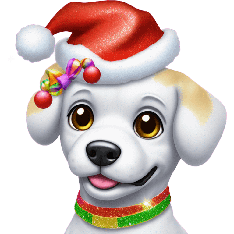 Lisa frank Christmas sparkle￼ dog with Santa hat emoji