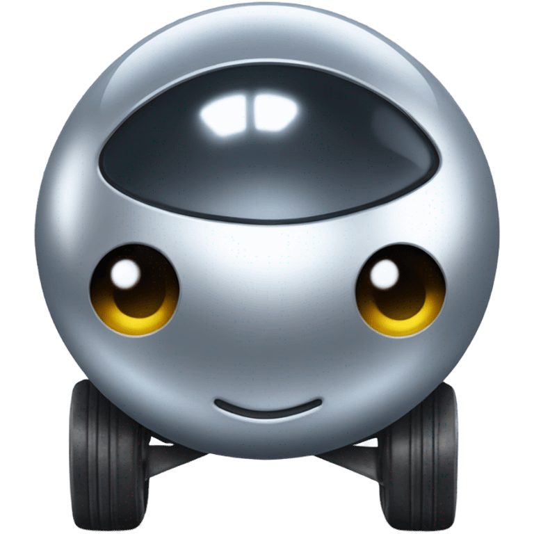 Metal ball with oval-shaped eyes driving on 4 car wheels emoji