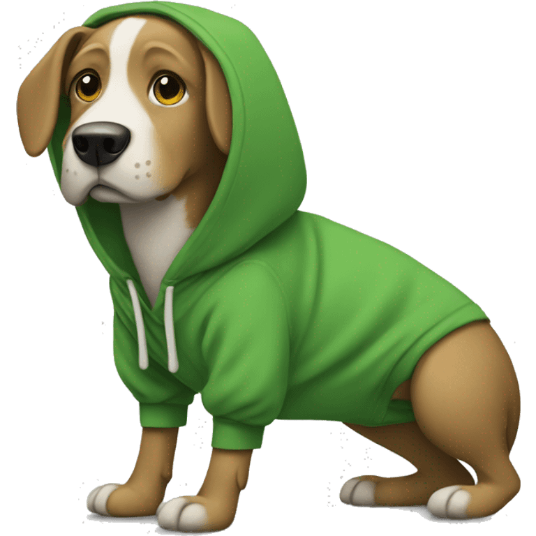 Dog wearing a green hoodie and crocs emoji