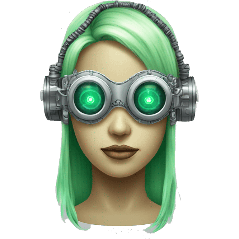 Light green long hair female cyborg head with silver steampunk headband goggles, circuits emoji