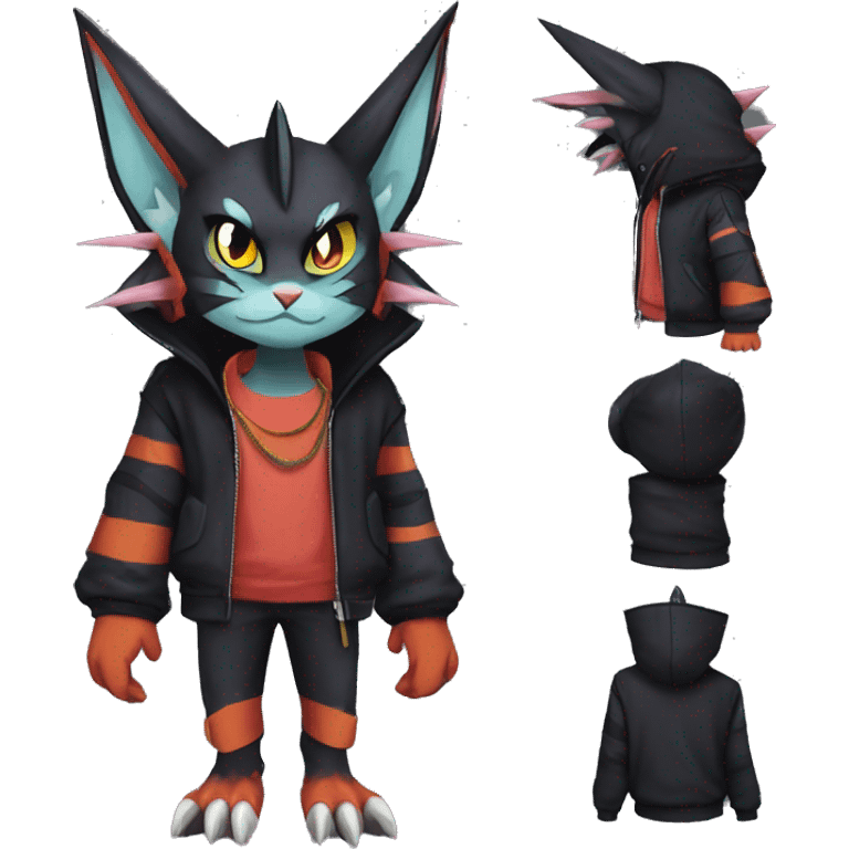 Cool Anthro Black Noivern-Nargacuga-Litten-cat-Pokémon with edgy stripes hoodie spiked collar punk Full Body emoji