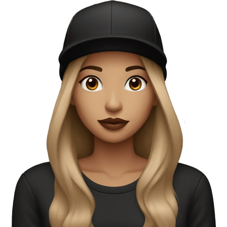 A beautiful woman wearing a black cap and black sweatshirt, big lips, brown straight long hair.  emoji