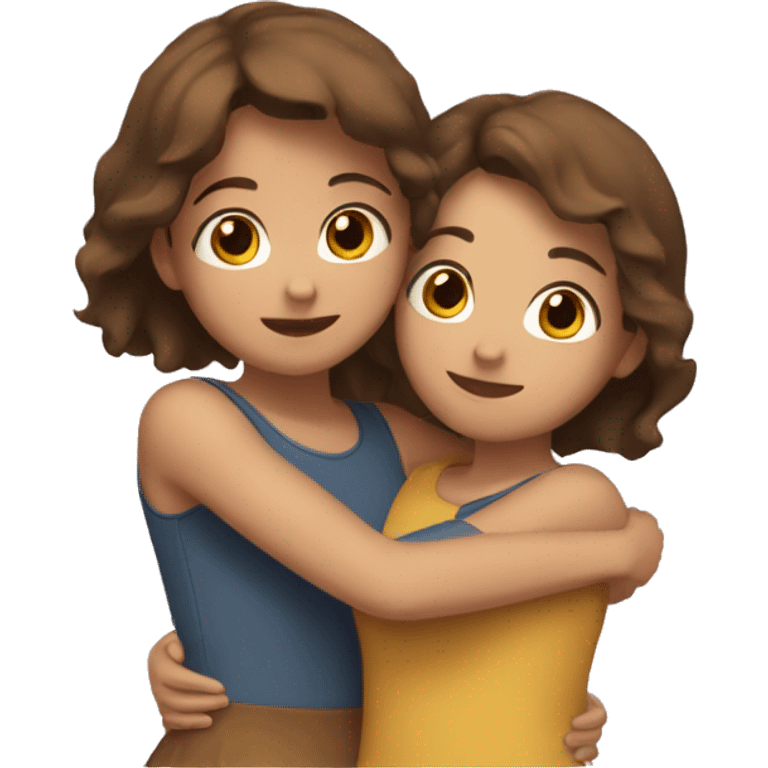 Two girls both with brown hair hugging eachother happily emoji