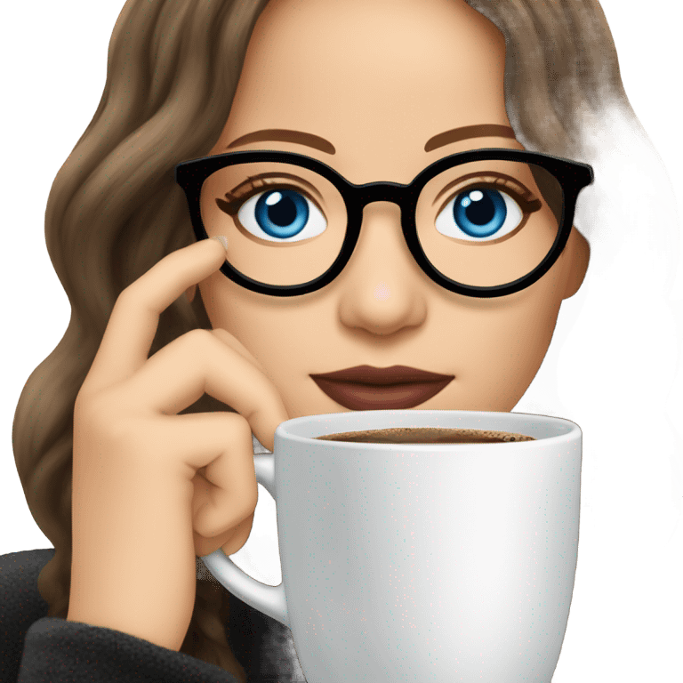 Photo of Brunette Jennifer Lawrence wearing black glasses and blue eyes drinking hot coffee  emoji