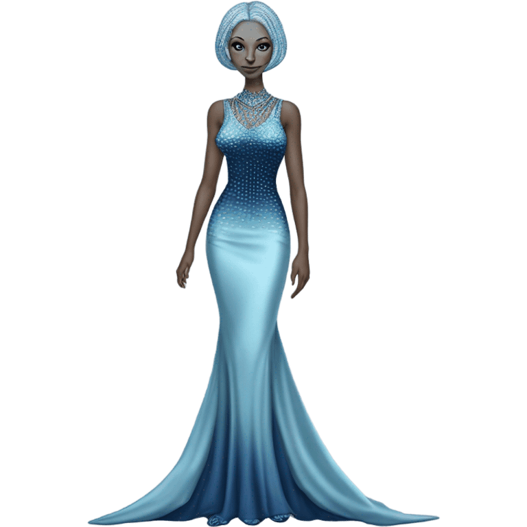 reptilian alien woman, in long slim pastel blue formal party satin dress with gradient shiny sparkling navy blue diamonds embroidered, full body full figure emoji