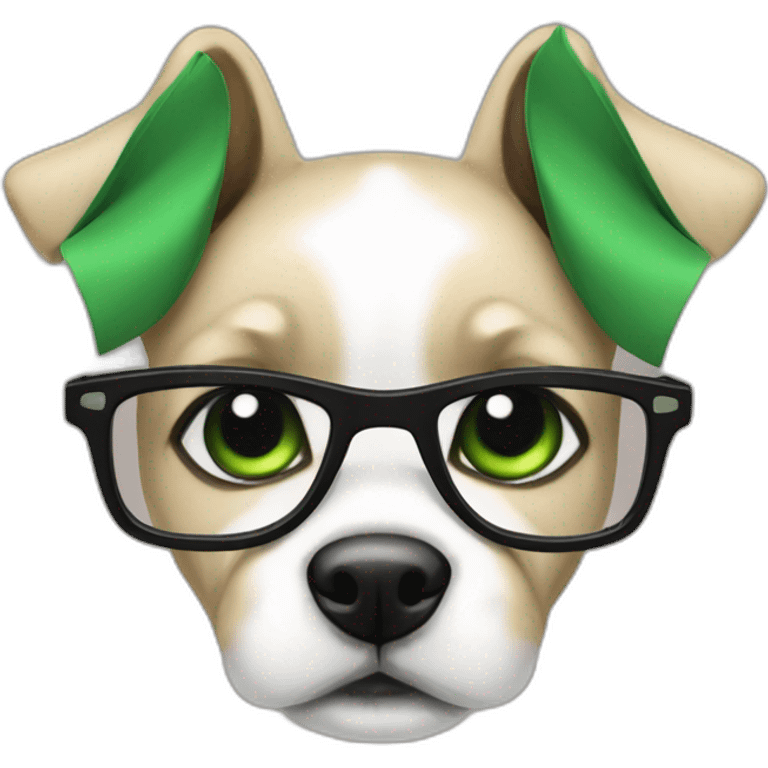 medium-bege-and-white-dog-with-green-eyes-and-black-glasses-and-green-bow emoji