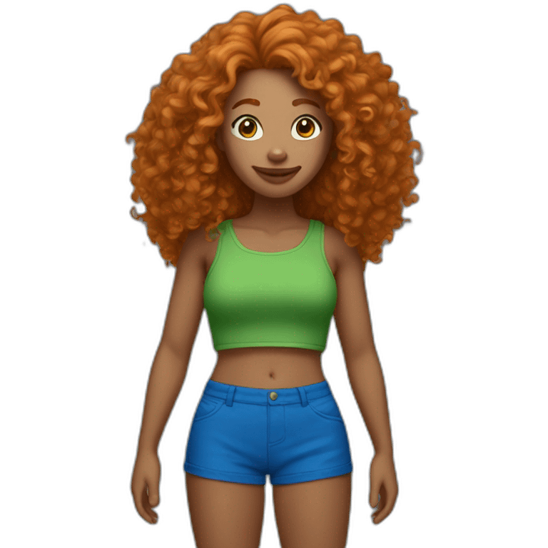 Curly Ginger woman, green crop top, blue shorts emoji