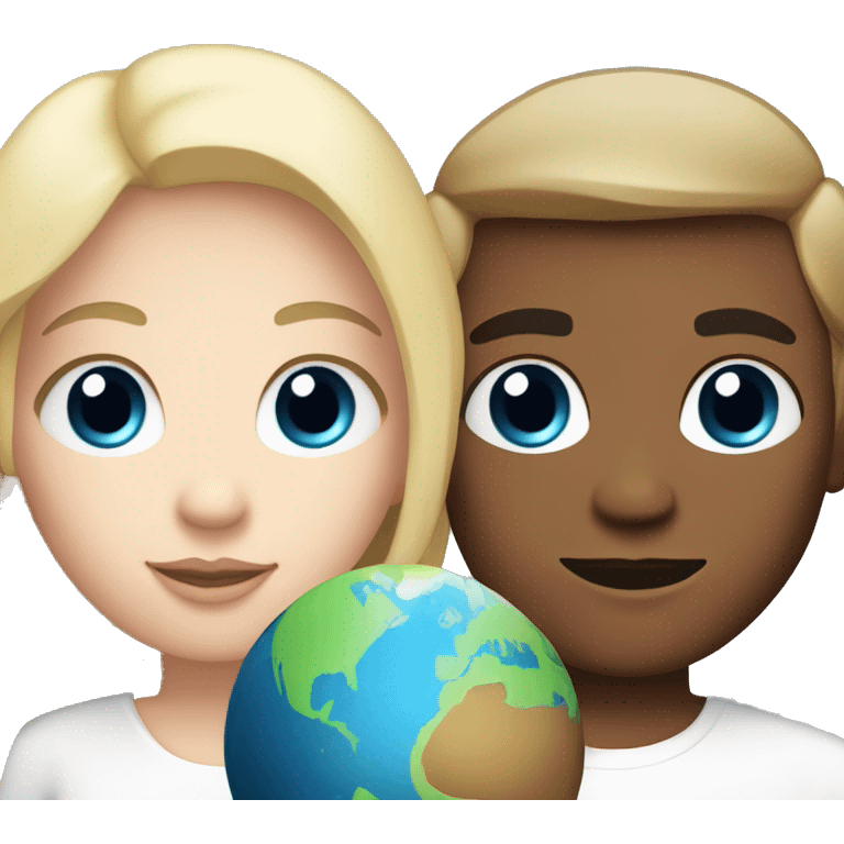 a couple holding a planet, boy is white with blonde hair and blue eyes, girl is white with dark blonde hair and light brown eyes  emoji