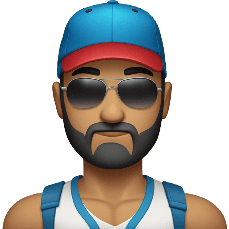 Bald Mexican young man with round face a dark beard baseball cap and dark cool sunglasses looking tough huge muscles emoji