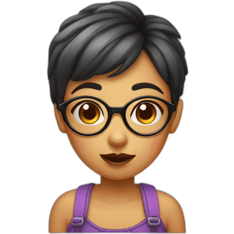 A girl with short hair with a big triangular nose, big eyes and spectacles. She is winking and blowing a kiss. emoji