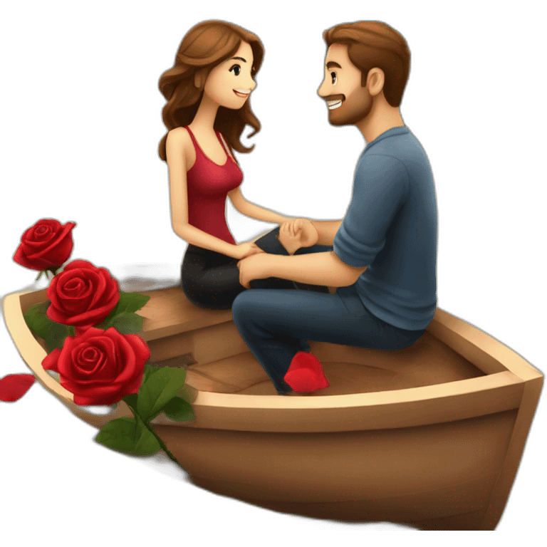 A couple siting on the beautiful boat. boyfriend proposed her girlfriend with red rose. emoji