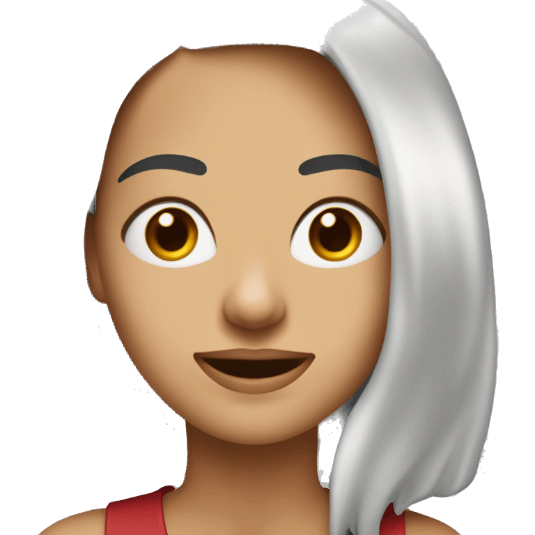 mujer blanca con el pelo rojo oscuro y largo. Con cejas tupidas. Con brackets en los dientes.  Con color de ojos marrón claro emoji