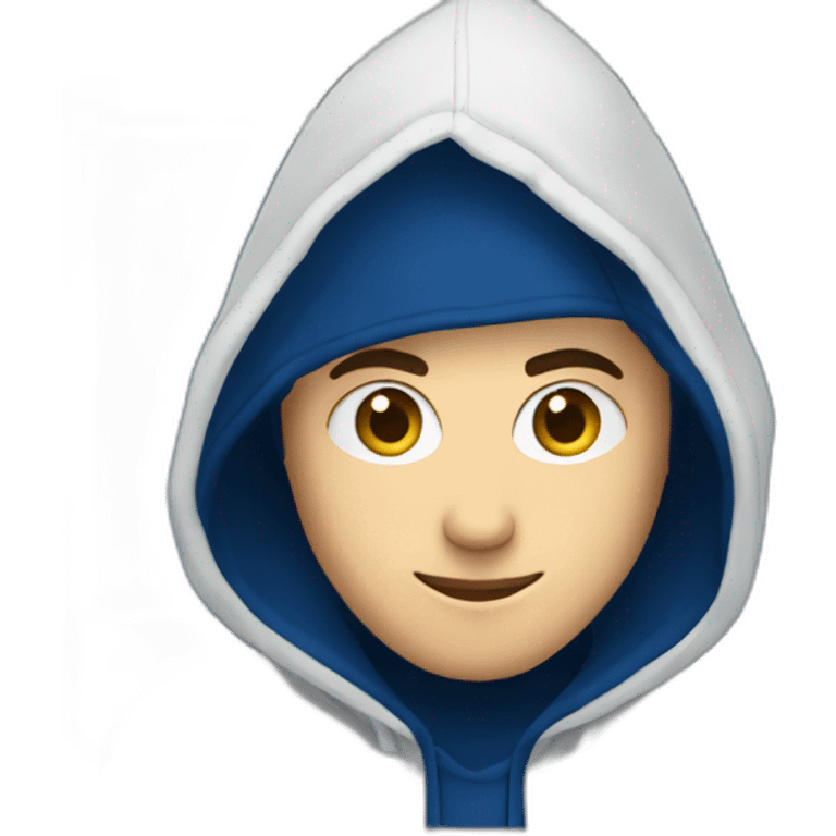 White Young Adult Developer with a dark blue hood behind his computer and focus on his code  emoji