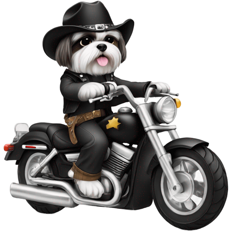 Back and white Shih tzu wearing back cowboy hat riding black motorcycle emoji