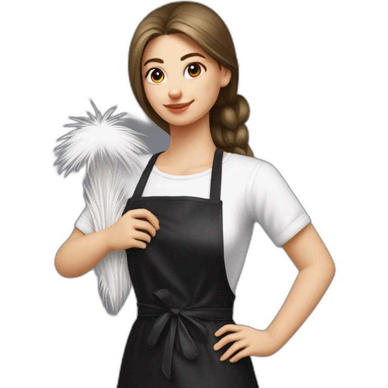 Slavic girl in a white T-shirt and a black apron holds ostrich feathers for dusting emoji