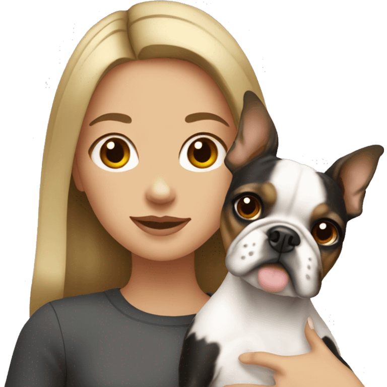 Girl with dirty blonde hair holding a Boston terrier emoji