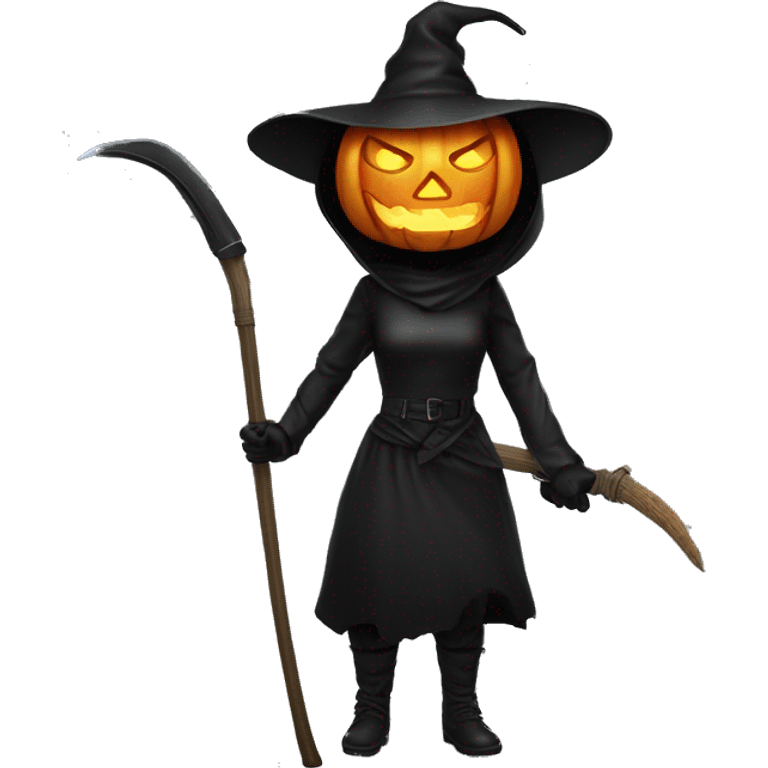 Human female pumpkin hunter with a scythe, glowing pumpkin eyes inside a black helmet, Halloween theme, emoji emoji