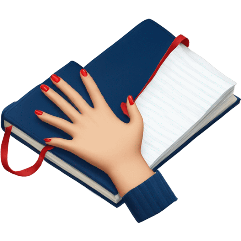 a hand with a red manicure lies on top of a dark blue diary emoji