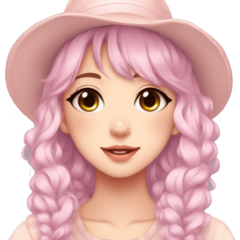 Gorgeous pastel anime girl with blushing face and hair garnitures and pretty hair and a hat aesthetic trending style emoji