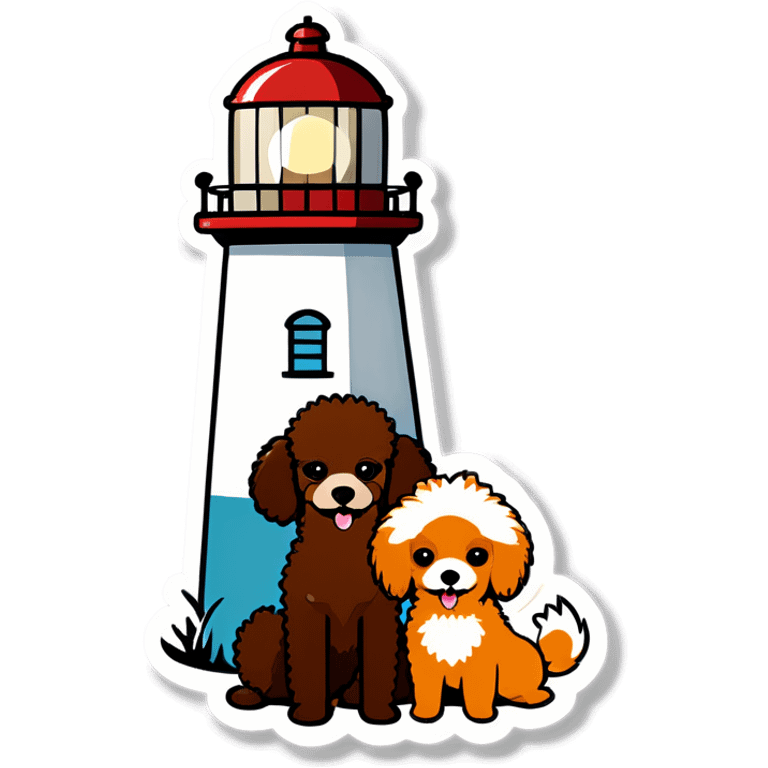 Lighthouse with one brown poodle and one Pomeranian emoji