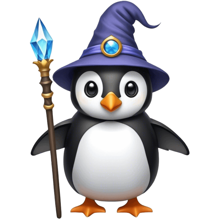 Penguin with a wizard hat and staff emoji