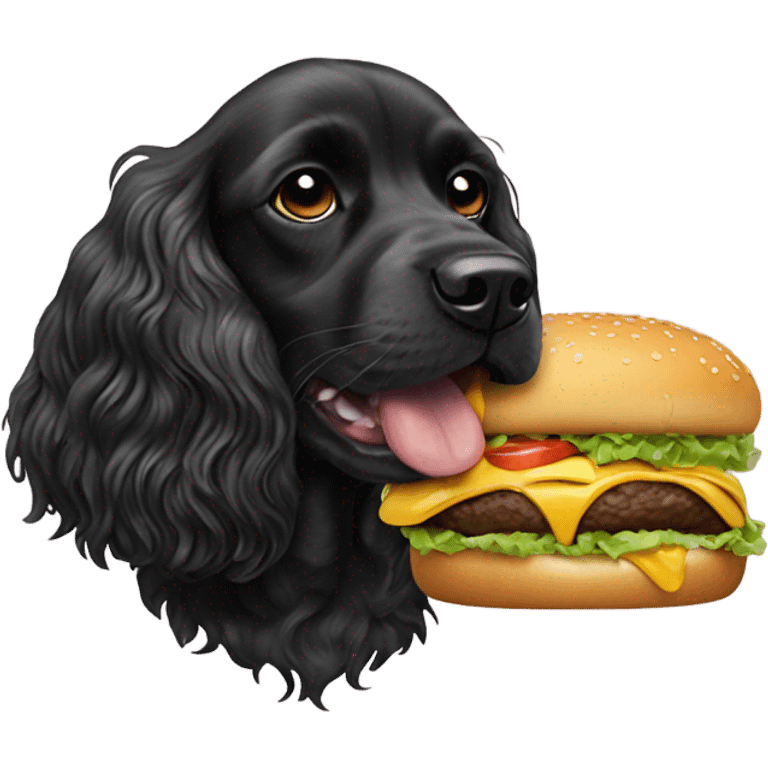 Black cocker spaniel eating a cheeseburger emoji