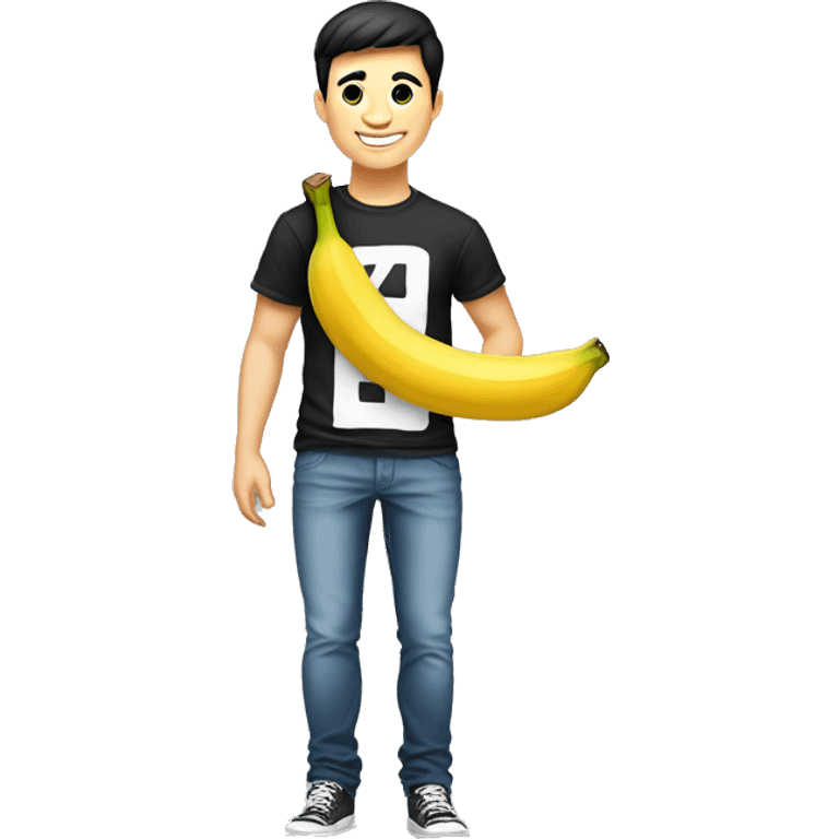 Handsome young man smiling emoji. Closed eyes, slightly blushing cheeks. Short black hair. Big smile. Wearing a smiling banana t-shirt. Playful expression with a slight touch of defiance emoji