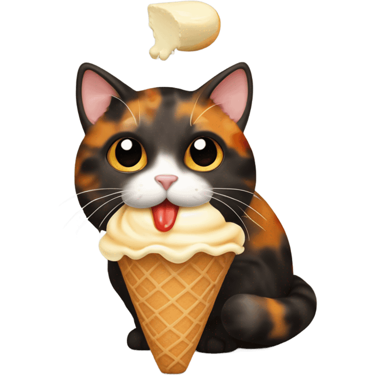 Cute fat tortoiseshell cat eating ice cream emoji