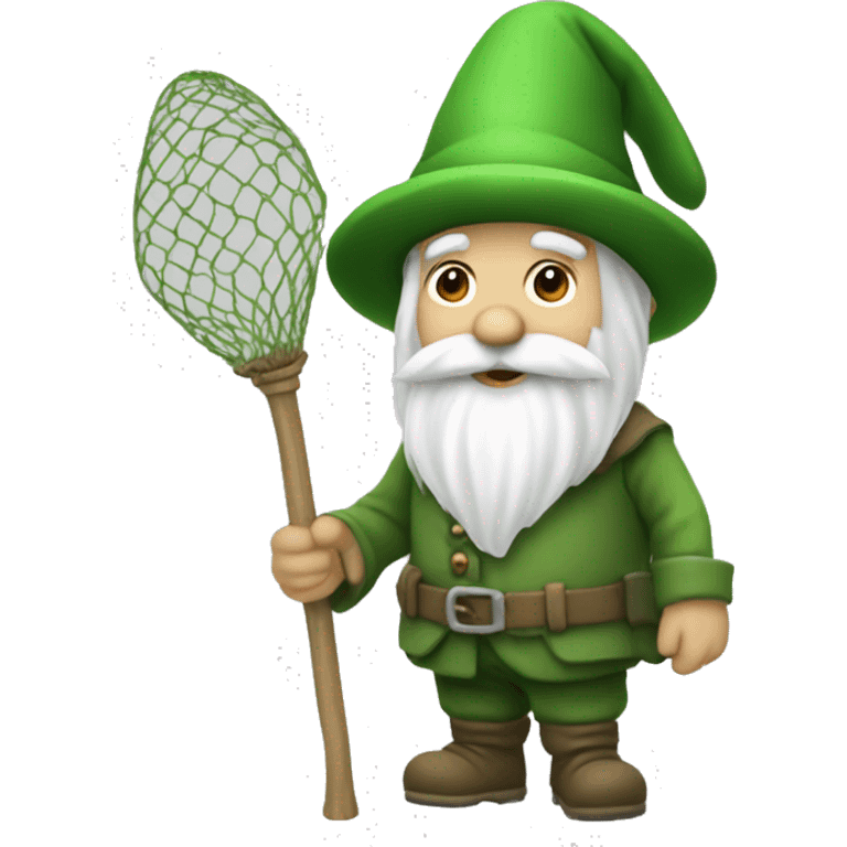 a green gnome with a white beard a fullbody green  cilinder hat and a landing net in the left hand emoji