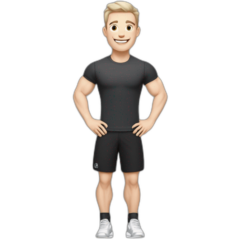 Joyful Celebrating victory Pale skinned Fit Man With the biceps and dark brown hair in black shirt, gray sports shorts and white Sneakers emoji