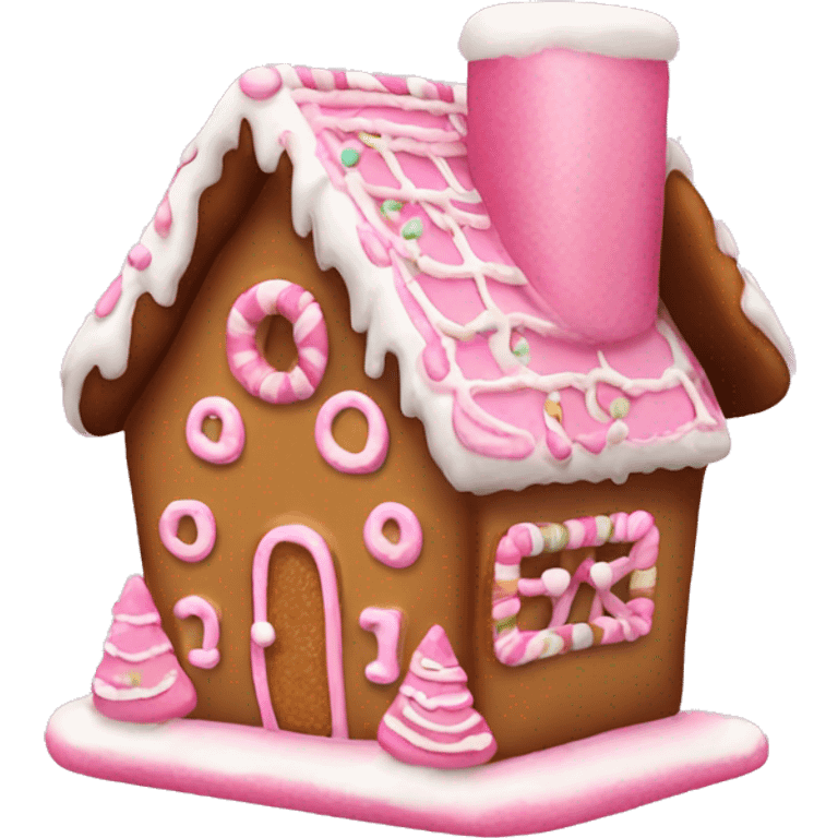 Pink Christmas gingerbread house with cookie bow emoji