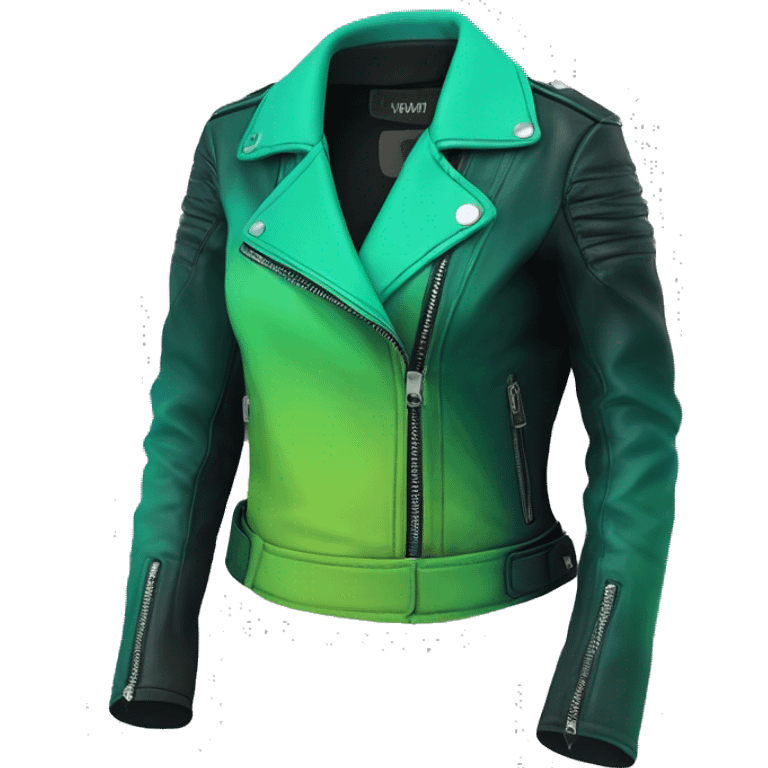 Realistic isolated side view of an open dark teal,lime green,mint green and emerald green ombre no collar moto style fashion leather jacket. emoji