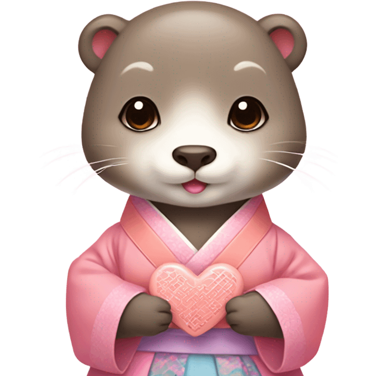 A cute and lovely otter dressed in pastel-colored traditional Korean hanbok, holding a coral-pink heart emoji