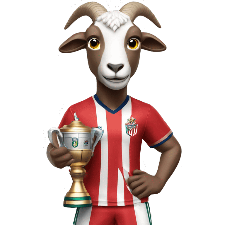 Draw a goat wearing the jersey of Chivas (a Mexican soccer team), holding a trophy in one hand. emoji