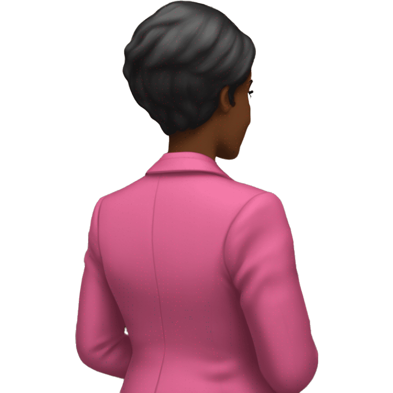 Rear view of Black female Historian with pink blazer and short straight black hair standing in court emoji