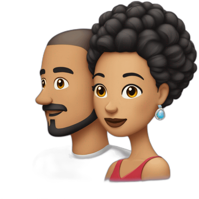 “White latino man with a buzz cut and skin black hair fade, thin beard, and well-defined mustache by a barber, embracing his Black Latina wife with very straight hair and large earrings.” emoji