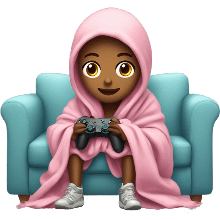 Girl wrapped up in a blanket sitting on a couch with a pink gaming controller in her hands emoji