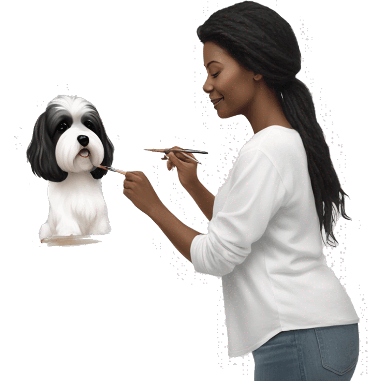 female artist painting a painting black+white havanese on easel emoji