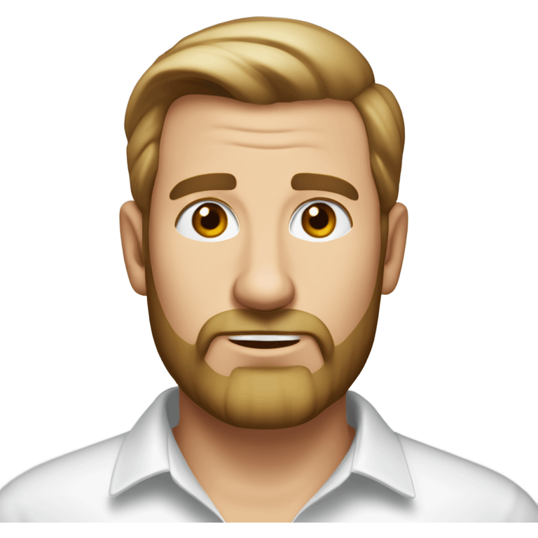 middle aged english man, short slicked back hair dark blonde, dark blonde medium length size full beard, wearing only a plain white smart shirt unbuttoned. emoji