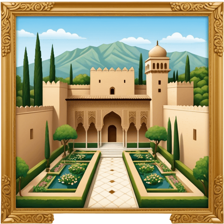 Cinematic Realistic Alhambra Landmark Emoji, showcasing the ornate historic palace with lush gardens rendered with rich textures and soft, majestic lighting. emoji