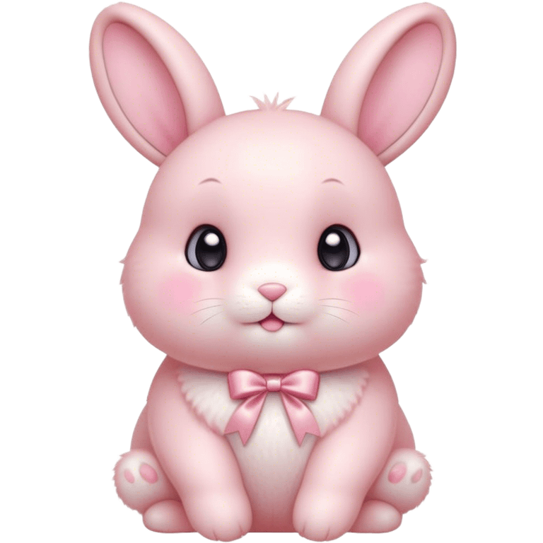 Cinematic adorable pastel pink bunny, chubby cheeks, tiny paws, sparkling round eyes, soft fur with a gentle glow, slightly tilted head, wearing a tiny bow, irresistibly cute and heartwarming. emoji