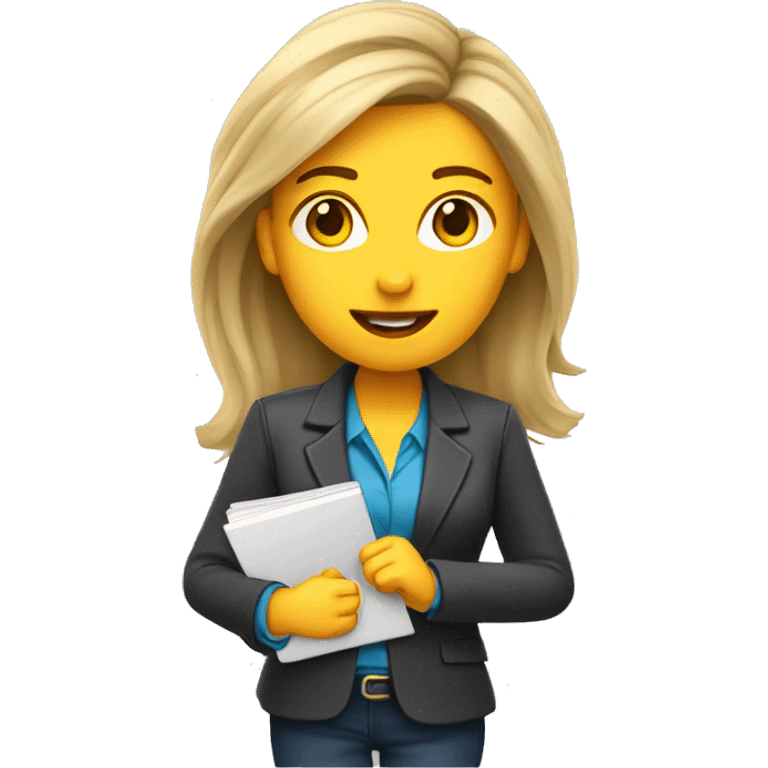 “Design an emoji of a female journalist with loose hair, holding a microphone and a notebook. It should look professional and friendly, with bright colors and details about her role.” emoji